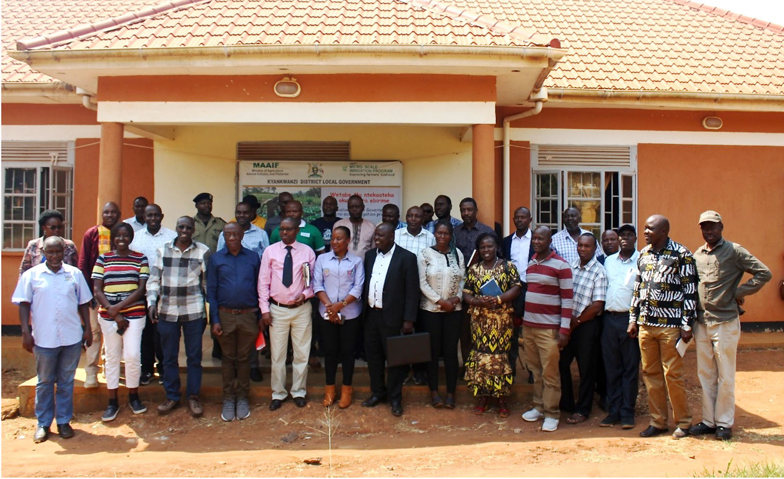 The Makerere delegation led by DVCFA Prof. Henry Alinaitwe (4th L) and the host team pose for a photo after the meeting on 8th February 2023 in Kyankwanzi District.