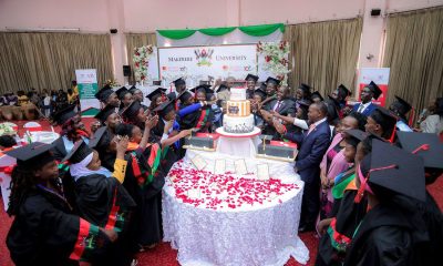 Rt. Hon. Daniel Fred Kidega, Prof. Umar Kakumba, Dr. Florence Nakayiwa and other officials are joined by some of the 292 MCFSP Graduates of the 73rd Graduation Ceremony of Makerere University to cut the celebration cake on 17th February 2023.