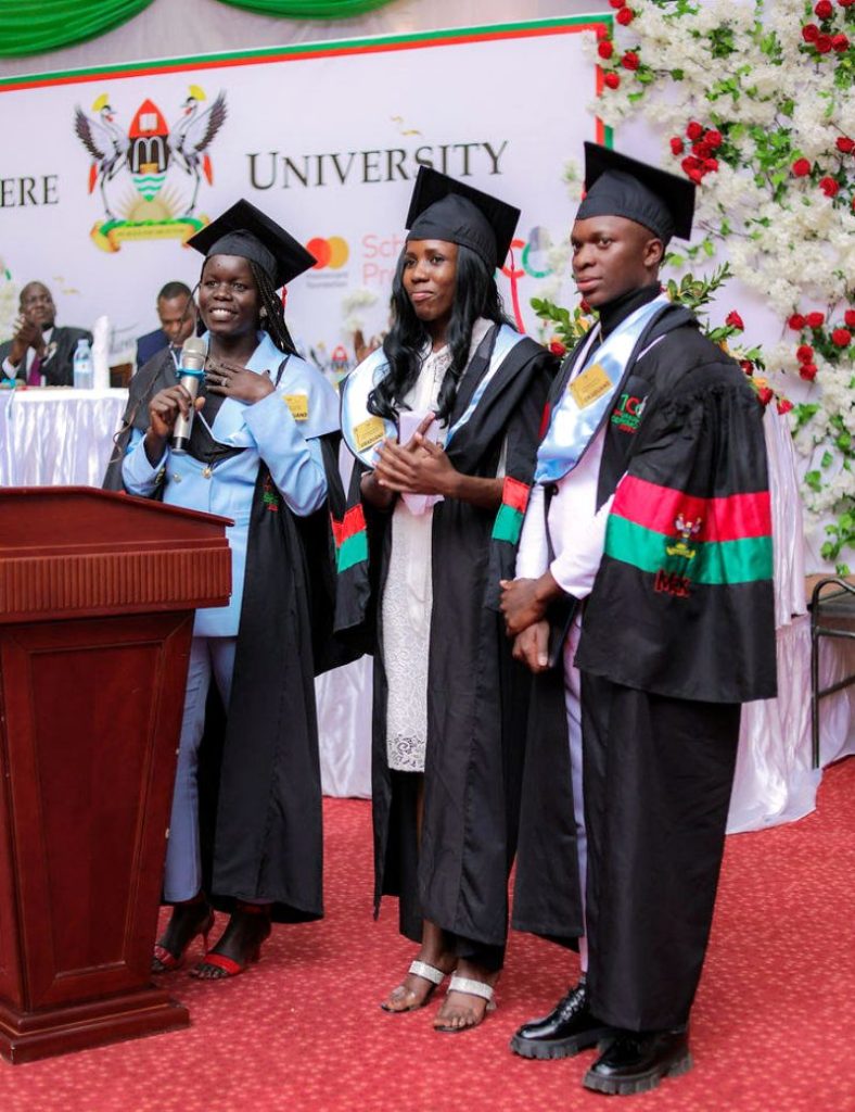 Scholars' representatives; Mr. Ngobi Ambrose, Ms. Juliet Namukhula and Ms. Ajok Mary Valentino making their remarks.