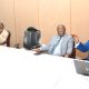 The DVCFA-Prof. Henry Alinaitwe (2nd R), University Secretary-Mr. Yusuf Kiranda (R), University Bursar-Mr. Evarist Bainomugisha (L) and Manager Accounts and Reporting-Mr. Lubowa Gyaviira (2nd L) at the RAVIS evaluation meeting on 28th March 2023 in the Council Room, Makerere University.