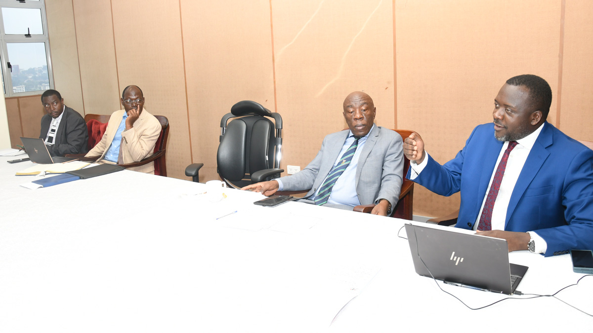The DVCFA-Prof. Henry Alinaitwe (2nd R), University Secretary-Mr. Yusuf Kiranda (R), University Bursar-Mr. Evarist Bainomugisha (L) and Manager Accounts and Reporting-Mr. Lubowa Gyaviira (2nd L) at the RAVIS evaluation meeting on 28th March 2023 in the Council Room, Makerere University.