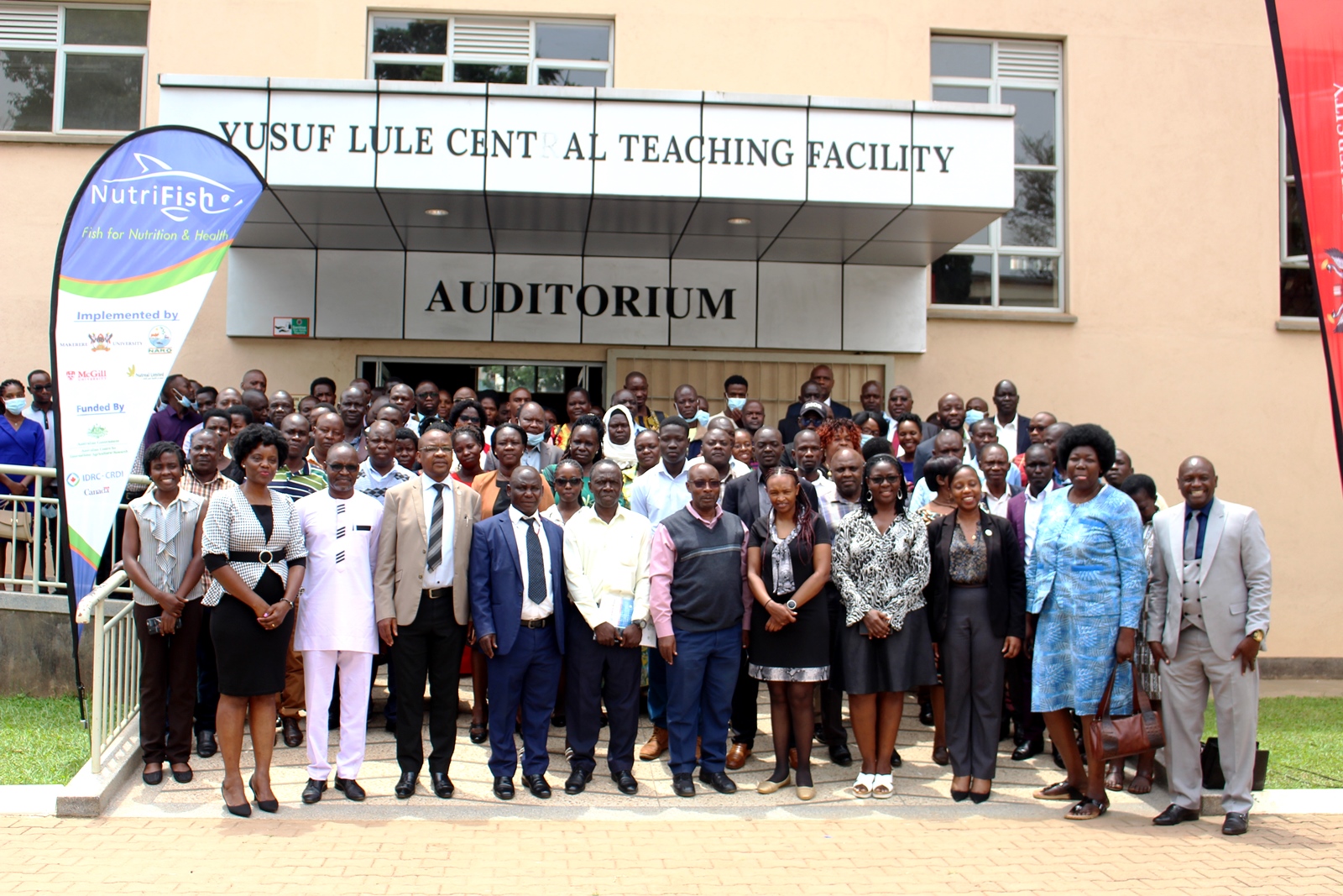 Participants in a group photo during the NutriFish product launch and dissemination event held at the Yusuf Lule Central Teaching Facility at Makerere University on 27th February 2023.