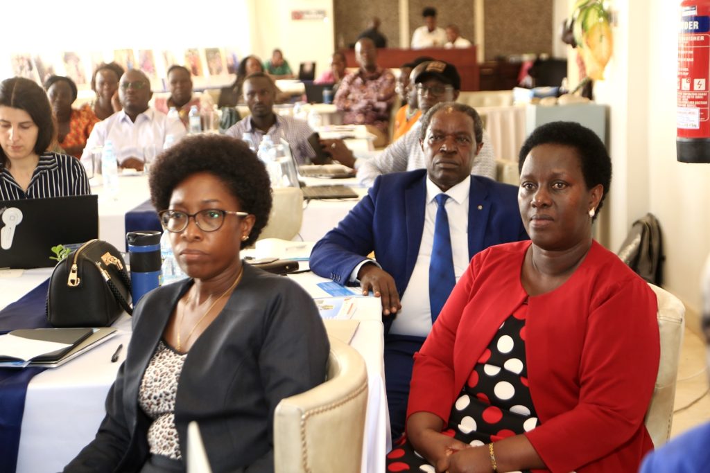 The Chief Executive Officer (CEO) of AFROHUN Prof. William Bazeyo (2nd Right), Agnes Yawe (Front Left) and other participants listen to proceedings.