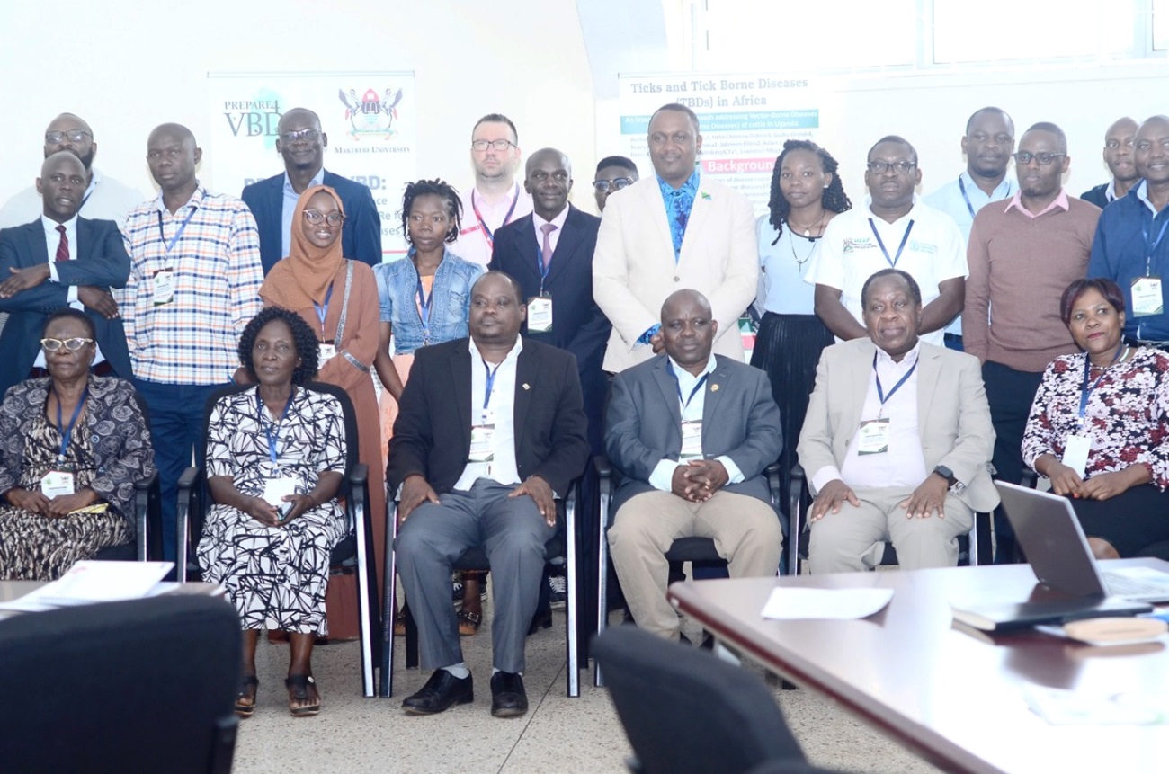 (3rd Left)-Associate Professor Lawrence Mugisha from Makerere University, College of Veterinary Medicine, Animal Resources and Biosecurity (CoVAB) with Project team and key stakeholders at the Workshop on 27th February 2023.