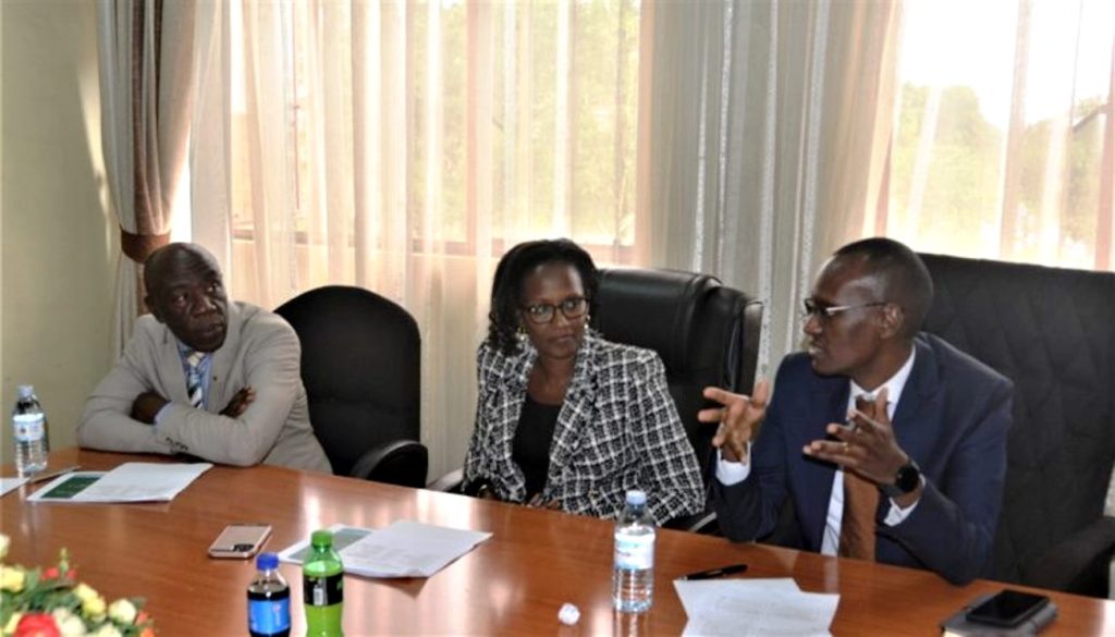 Mrs. Lorna Magara in the middle, the Chairperson Makerere University Council with Mr. Karugire Edwin, the Chairperson of the Appointments Board (Right), and the Principal CEDAT, Prof. Henry Alinaitwe (Left).