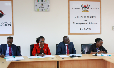 The Chair Council, Mrs. Lorna Magara (2nd Left) and Vice Chairperson, Rt. Hon. Daniel Fred Kidega (2nd Right) with Council Members Prof. Sara Ssali (Right) and Mr. Edwin Karugire (Left) during the meeting at CoBAMS on 2nd March 2023.