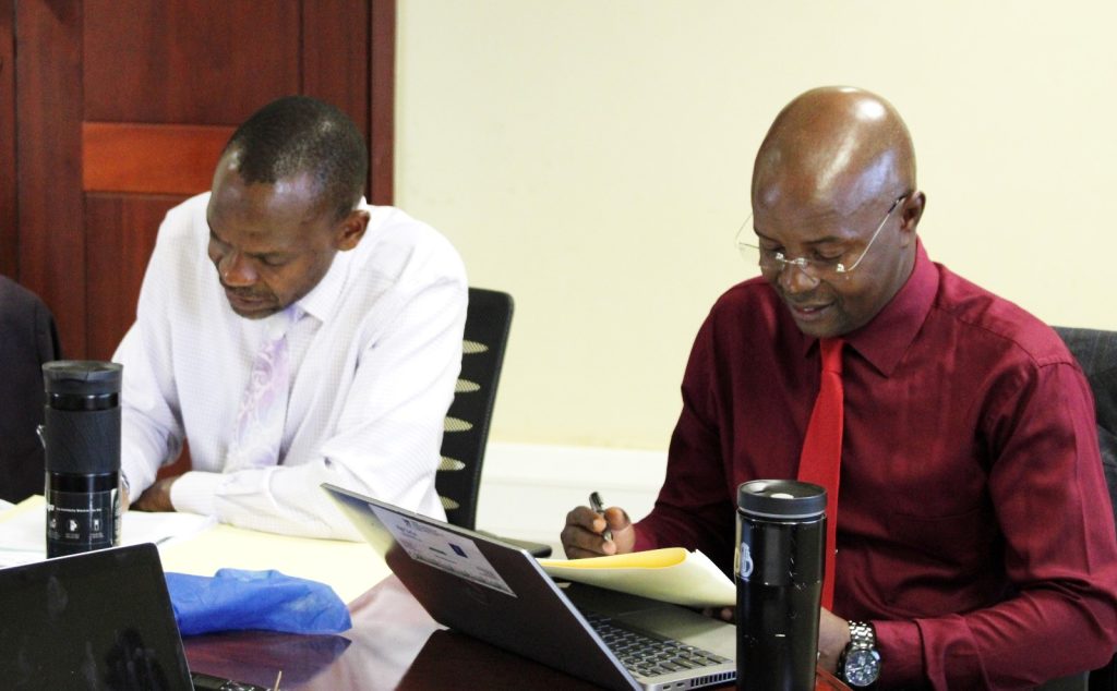 Board Chair, Assoc. Prof. Umar Kakumba (Left) and Centre Director Prof. Edward Bbaale (Right) during the meeting.
