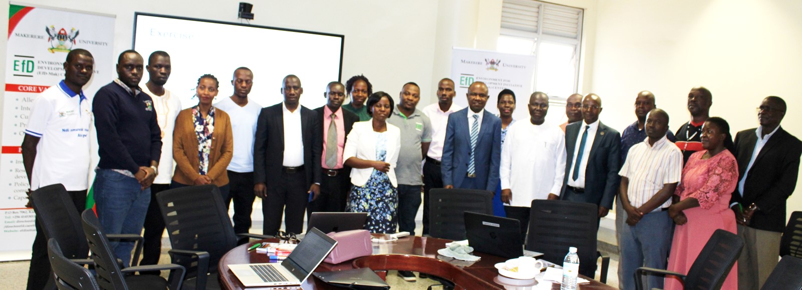 The Seventeen (17) Government Fisheries Officials with Prof. Edward Bbaale and Prof. Wisdom Akpalu after completing the two day Bio-Economics training on 16th March 2023 at the EfD-Mak Centre, Yusuf Lule Central Teaching Facility, Makerere University.