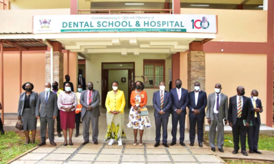 Hon. Janet K. Museveni (5th L) with Mrs. Lorna Magara (6th L), Prof. Barnabas Nawangwe (6th R) and other officials at the Dental School and Hospital, Main Campus, Makerere University on 17th May 2022.