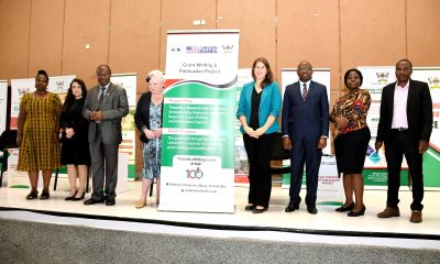 Amy Peterson, Cultural Affairs Officer the US Embassy Kampala (4th R) with Co-PIs; Prof. Fredrick J. Muyodi (3rd L), Prof. Trixie G. Smith (4th L), Prof. Ronald Bisaso (3rd R), Ms. Stella Kakeeto (2nd R), Dr. Grace Pregent (2nd L), and Members of Management; Prof. Ireeta Tumps (R) and Dr. Euzobia Mugisha Baine (L) at the Project Launch on 21st March 2023, Yusuf Lule Auditorium, Makerere University.