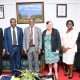 The Vice Chancellor, Prof. Barnabas Nawangwe (3rd L) with the project team, Prof. Trixie G. Smith (3rd R), Prof. Fredrick Muyodi (2nd L), Dr Grace Pregent (R), Prof. Ronald Bisaso (L), and Ms. Stella Kakeeto (2nd R) after the meeting on 20th March 2023, Frank Kalimuzo Central Teaching Facility, Makerere University.