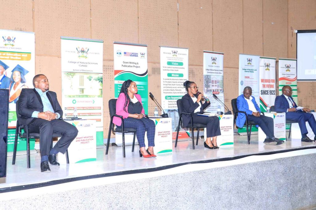 Panel Discussion: Research, grant writing and publishing, mentorship. L-R: Mordecai Tayebwa, Research Manager, MakCHS, Dr. Alice Nabatanzi, Dr. Allen Kabagenyi, ECRs and Dr. Samuel Siminyu, Managing Editor -University Press.