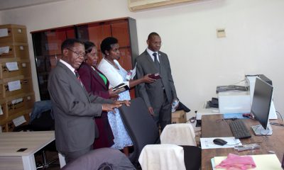 The Project PI-Mrs. Patience Mushengyezi (2nd Right) shows the DVCAA-Prof. Umar Kakumba (Right), Academic Registrar-Prof. Buyinza Mukadasi (Left), and MCFSP Coordinator-Prof. Justine Namaalwa (2nd Left) some of the equipment purchased under DARP on 13th March 2023 in the Senate Building, Makerere University.