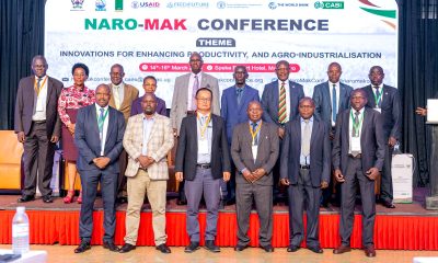 The Minister of State for Animal Industry, Hon. Bright Rwamirama (C-back row); the Vice Chancellor, Makerere University, Prof. Barnabas Nawangwe (3rd R - back row); the Director DRGT, Prof. Edward Bbaale (2nd R back row); the Principal of CAES, Prof. Gorettie Nabanoga (2nd L back row); the Chair NARO Council, Dr William Olaho Mukani (3rd L back row); and the Chair of the Conference Organizing Committee, Dr Imelda N. Kashaija (4th L back row) with some of the presenters at the closing ceremony of the conference held at Speke Resort Munyonyo on 16th March 2023.