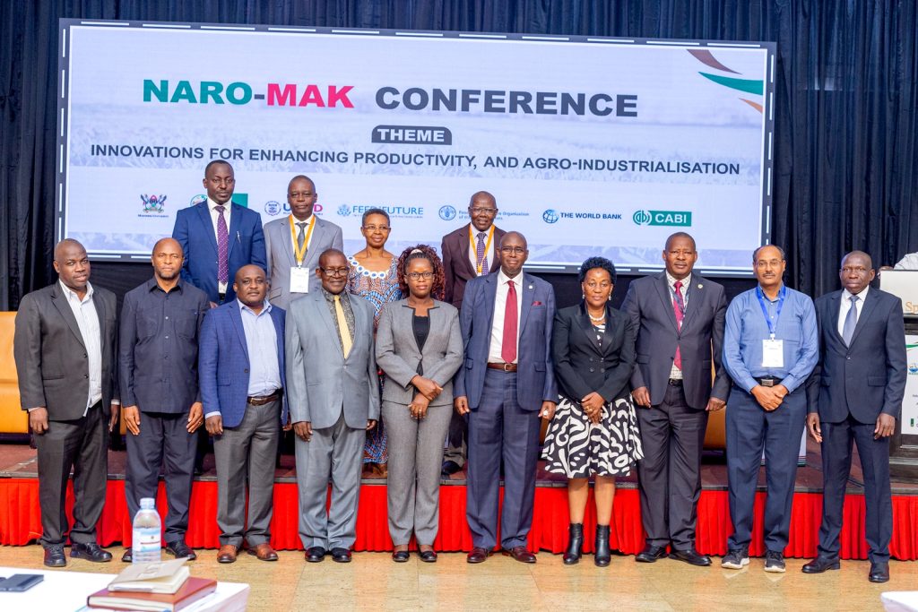 The Minister of State for Animal Industry, Hon. Bright Rwamirama (Front Row 5th R) with some of the keynote speakers on Day One of the conference.