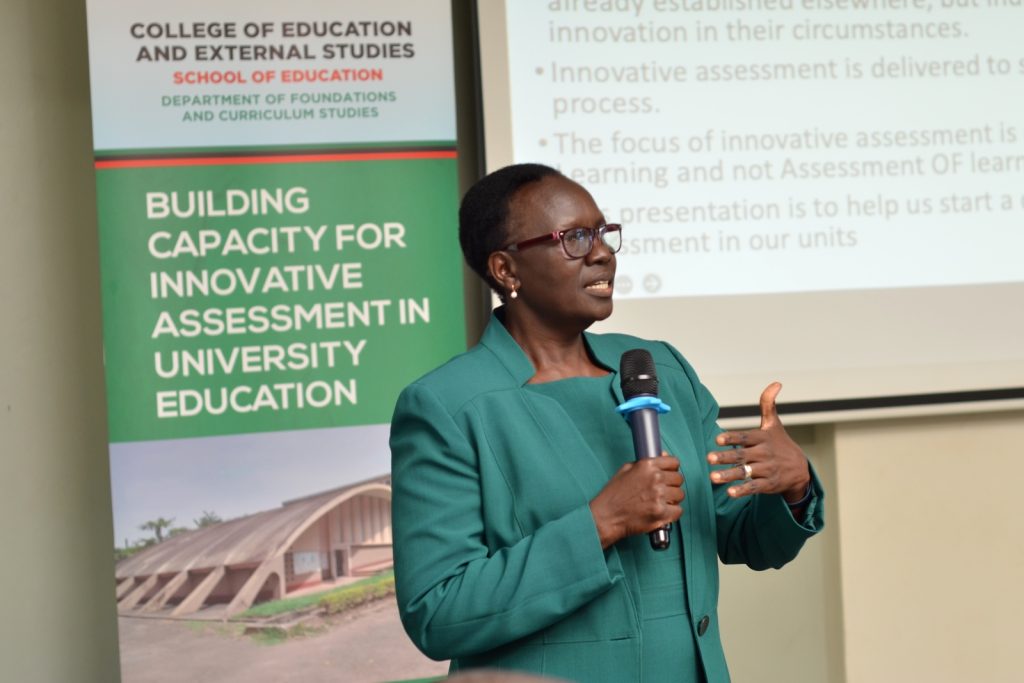 Prof. Betty Ezati shares insights on innovative assessments during the training workshop. 