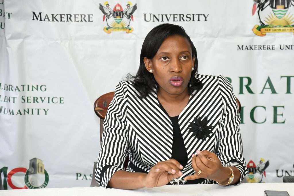 The Director, Makerere University Innovations Hub, Dr. Cathy Mbidde addresses the media during the press conference on 23rd March 2023.