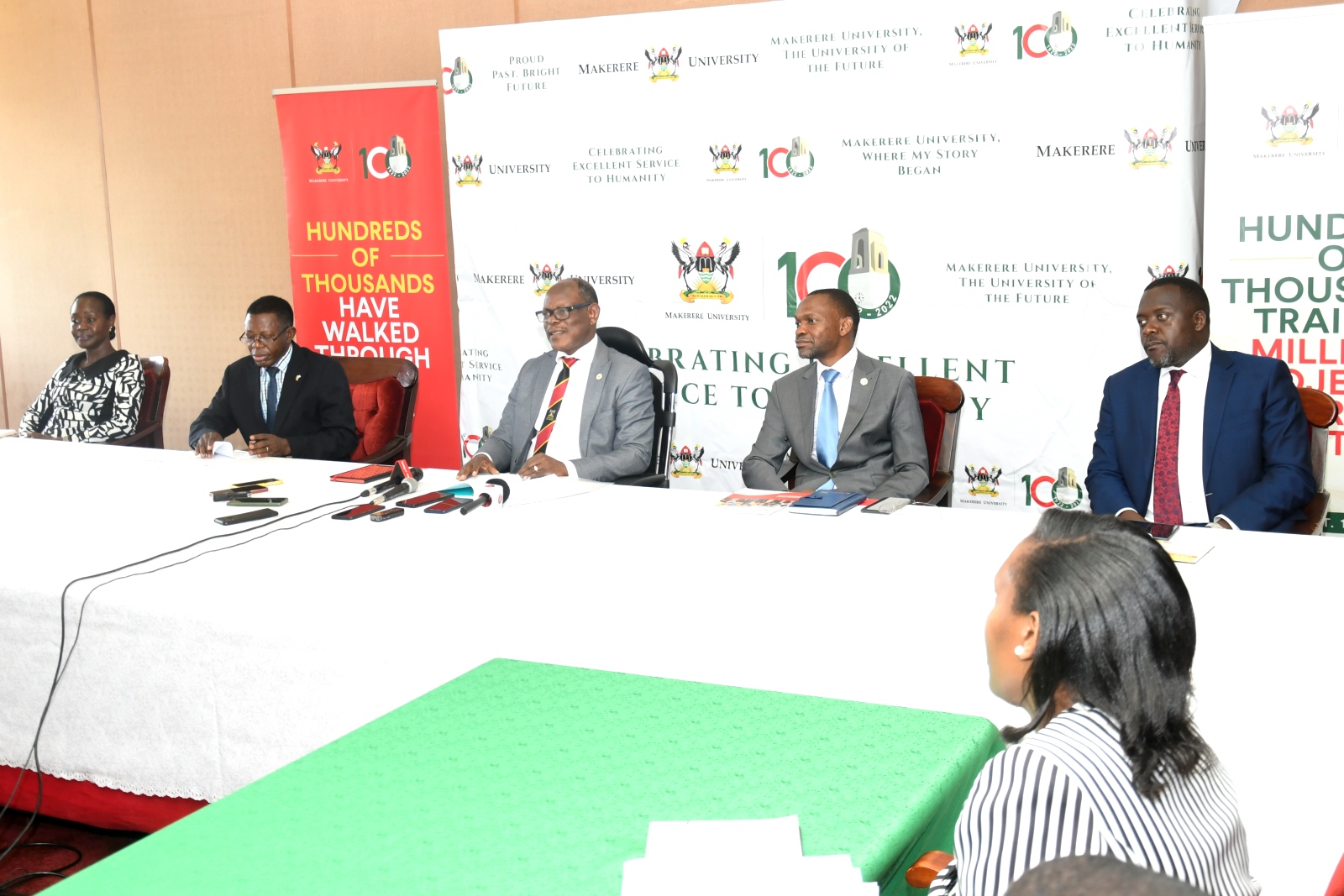 The Vice Chancellor - Prof. Barnabas Nawangwe (Centre), Deputy Vice Chancellor (Academic) - Prof. Umar Kakumba (on his right), Academic Registrar - Prof. Mukadasi Buyinza (on his left), Dean of Students - Mrs. Winfred Kabumbuli (Extreme Left) and University Secretary - Mr. Yusuf Kiranda (Extreme Right) at the press conference held in Council Room on 23rd March 2023.