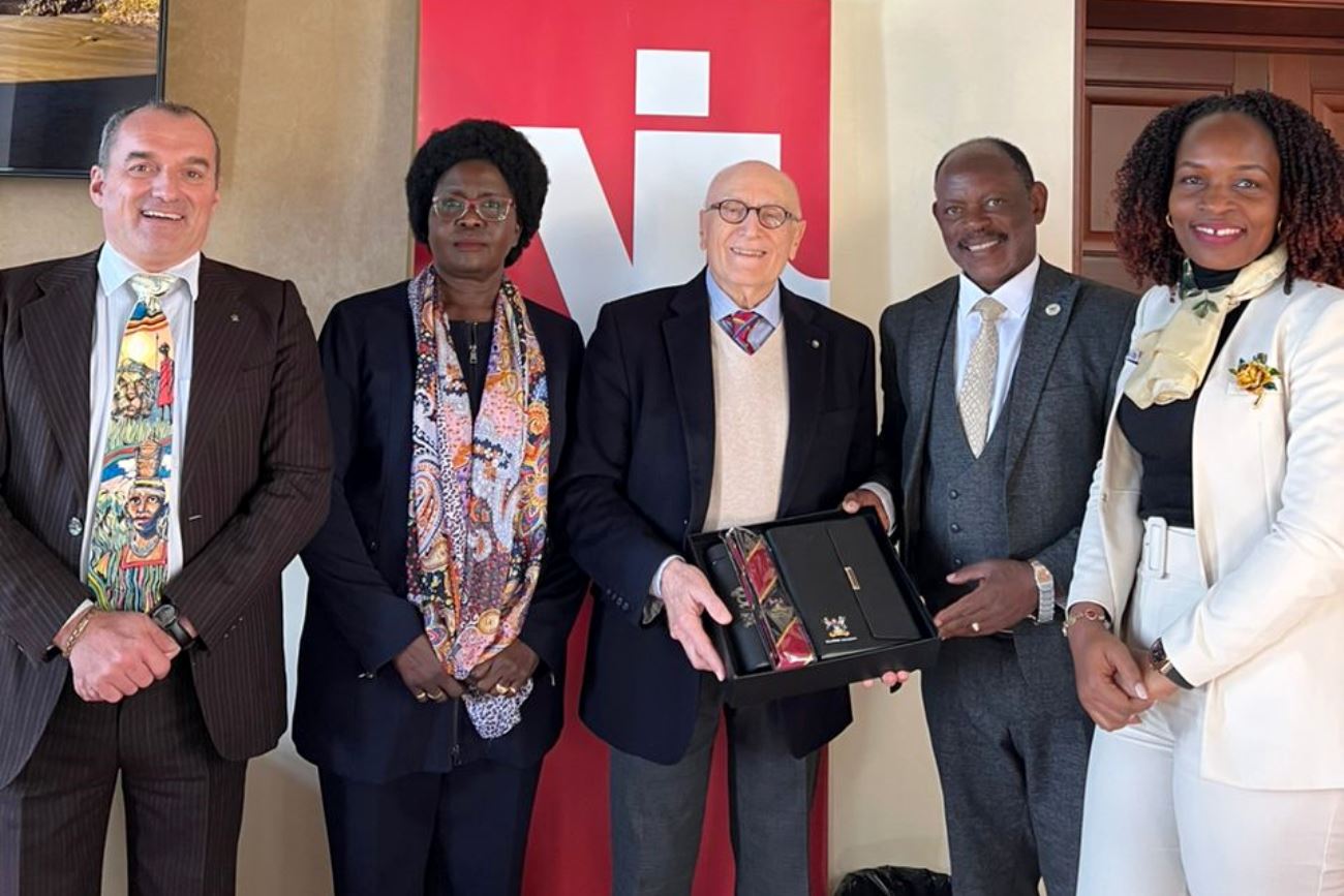 Left to Right: Prof. Giorgio Andrian of the University of Padova and VIU, Ambassador Elizabeth Paula Napeyok, VIU President Umberto Vattani, the Vice Chancellor Prof. Barnabas Nawangwe and Mrs. Susan Nawangwe during the discussions on 8th March 2023 in Venice, Italy.