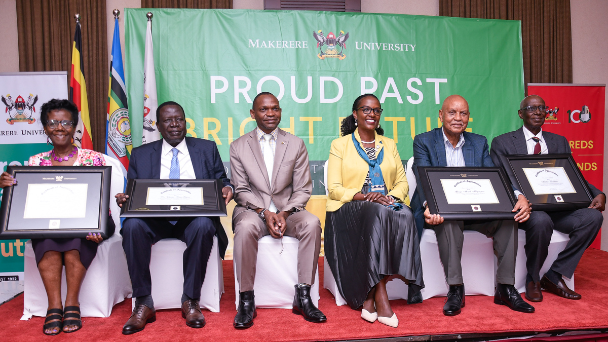 Left -Right: Mrs. Christine Kiganda, Eng. Dr. Charles Wana-Etyem, Deputy Vice Chancellor Prof. Umar Kakumba, Mrs. Lorna Magara, Prof. Mondo Kagonyera and Hon. Mathew Rukikaire in a group photo at the celebration of a Legacy of Leadership on 17th March 2023, Kampala Serena Hotel.