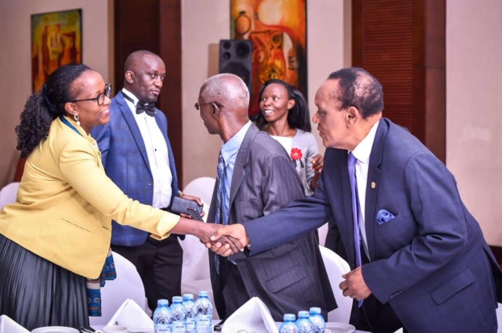 Mrs. Lorna Magara (Left) welcomes former Vice Chancellors Prof. George Kirya (Right) and Prof. Livingstone Luboobi (2nd Right).