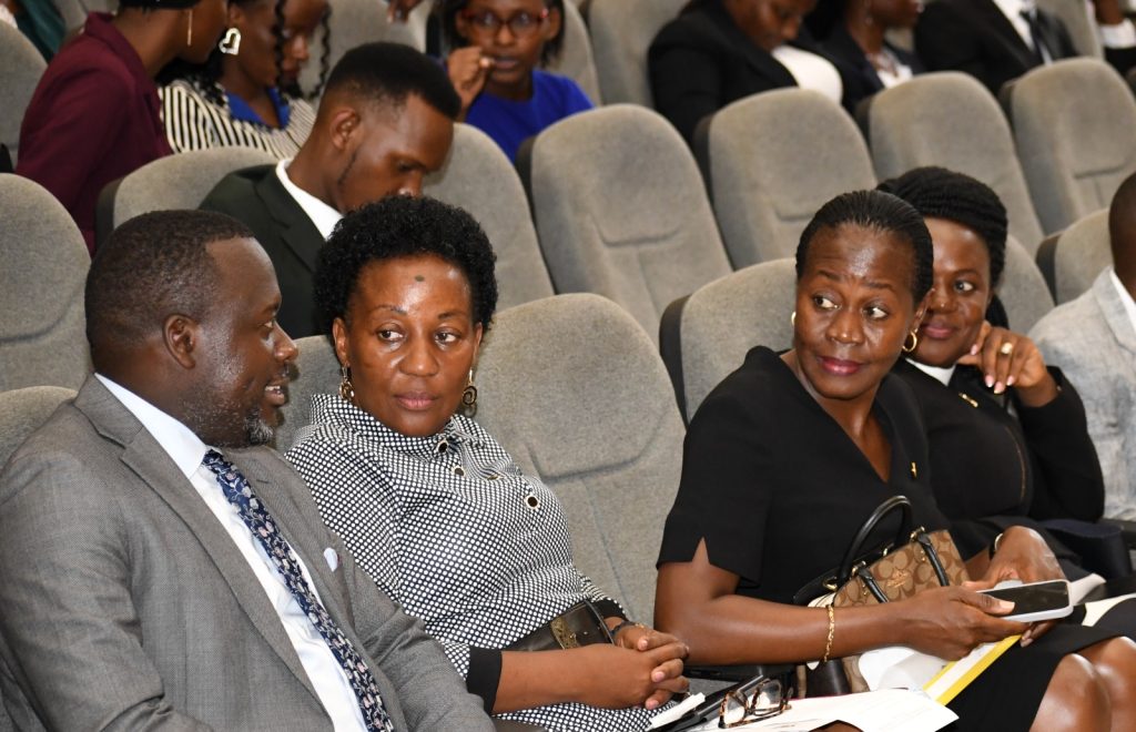 Left to Right: University Secretary-Mr. Yusuf Kiranda, Ag. DVCAA-Prof. Gorettie Nabanoga, Dean of Students-Mrs. Winifred Kabumbuli and St. Francis Chaplian-Rev. Dr. Lydia Nsaale Kitayimbwa chat at ceremony.