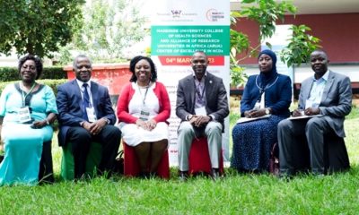 The Chief Guest and DVCAA-Prof. Umar Kakumba (3rd Right) and Principal MakCHS-Prof. Damalie Nakanjako (3rd Left) with Left to Right: Prof. Sarah Kiguli, Dr. Fred Bukachi, Dr. Hasifa Kasule and Dr. Besigye Innocent at the NCDs Symposium on 4th March 2023, Deans Gardens, MakCHS, Makerere University, Mulago Hill.