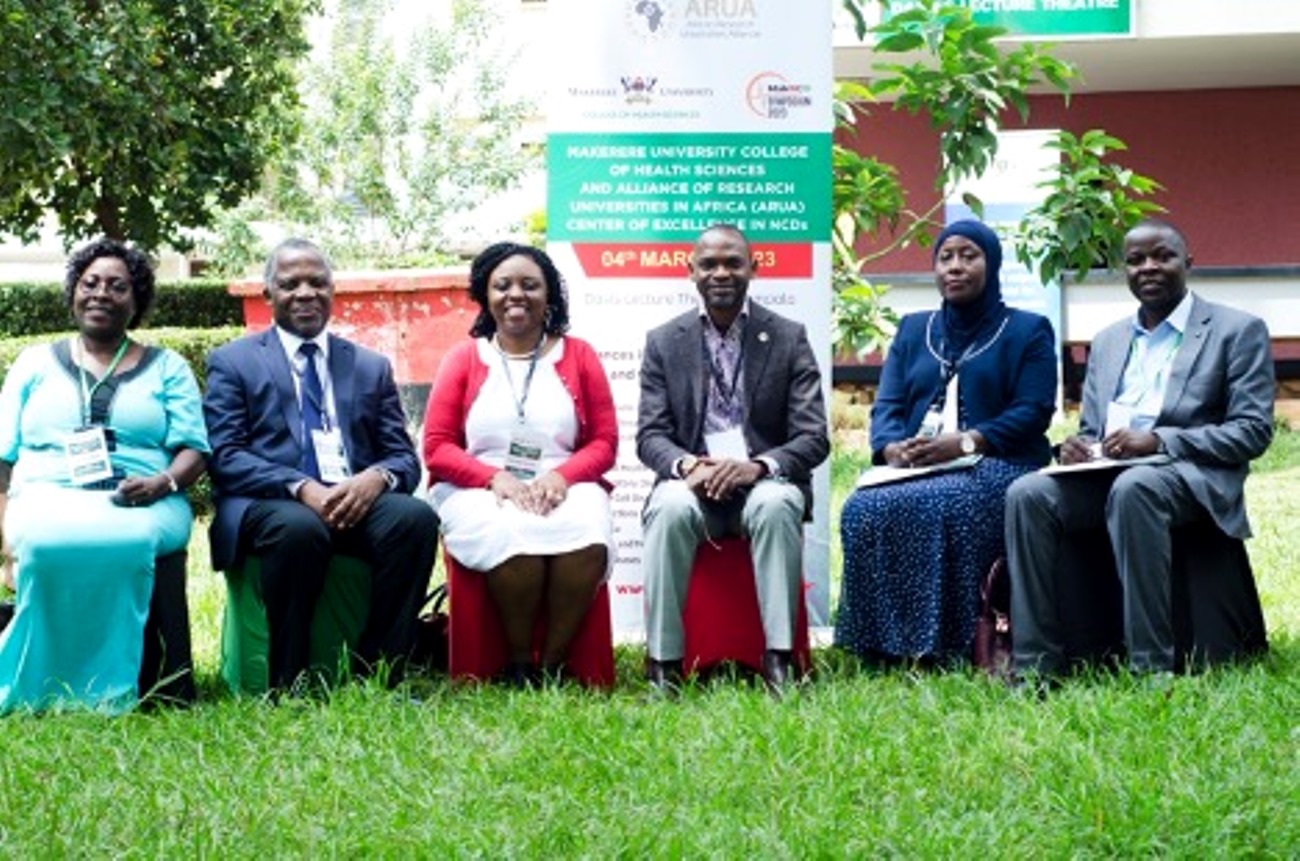 The Chief Guest and DVCAA-Prof. Umar Kakumba (3rd Right) and Principal MakCHS-Prof. Damalie Nakanjako (3rd Left) with Left to Right: Prof. Sarah Kiguli, Dr. Fred Bukachi, Dr. Hasifa Kasule and Dr. Besigye Innocent at the NCDs Symposium on 4th March 2023, Deans Gardens, MakCHS, Makerere University, Mulago Hill.
