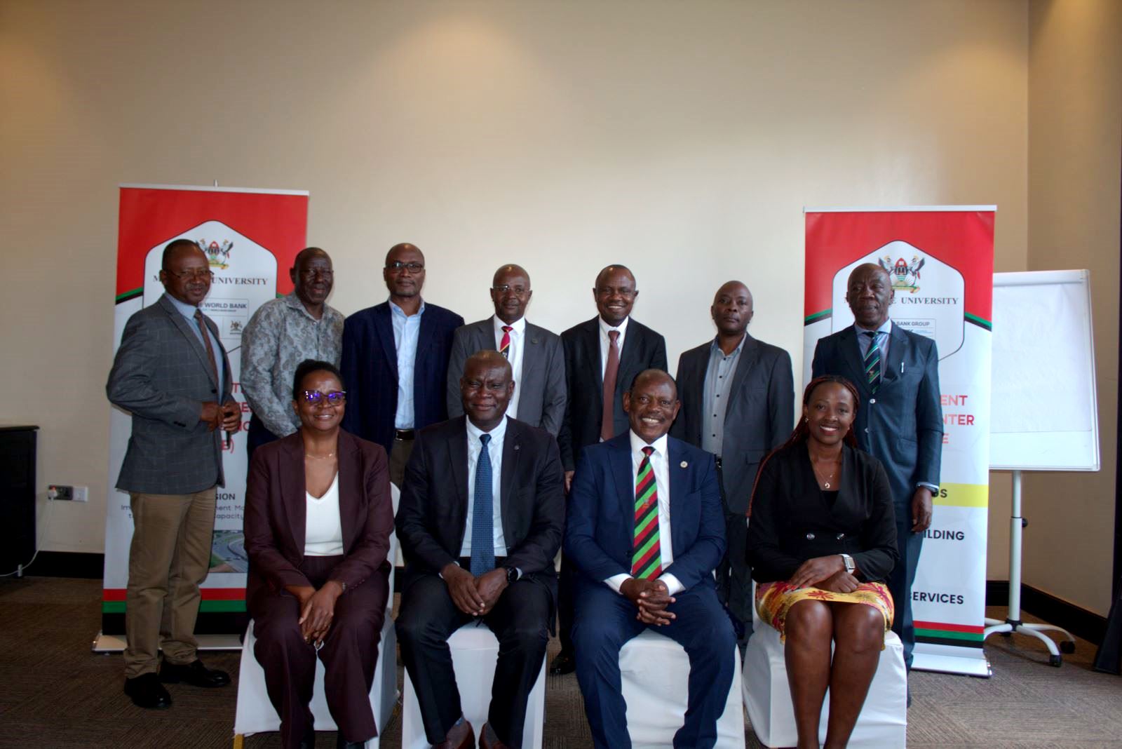 The Vice Chancellor, Prof. Barnabas Nawangwe (Seated 2nd Right) with Members of the PIM Centre of Excellence Steering Committee at their meeting on 19th April 2023.
