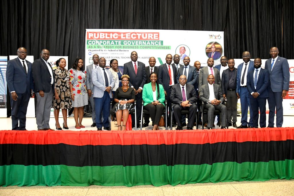 Seated Right to Left: The DVCAA-Prof. Umar Kakumba, Mr. Japheth Katto, Ms. Cathy Adengo and Ambassador Damalie Ssali with some of the officials that graced the public lecture. 