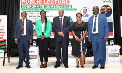 Left to Right: The Vice Chancellor, Prof. Barnabas Nawangwe, Ms. Cathy Adengo, Mr. Japheth Katto, Ambassador Damalie Ssali and Prof. Godfrey Akileng pose for a group photo during the Public Lecture on Corporate Governance held 5th April 2023 in the Yusuf Lule Auditorium, Makerere University.