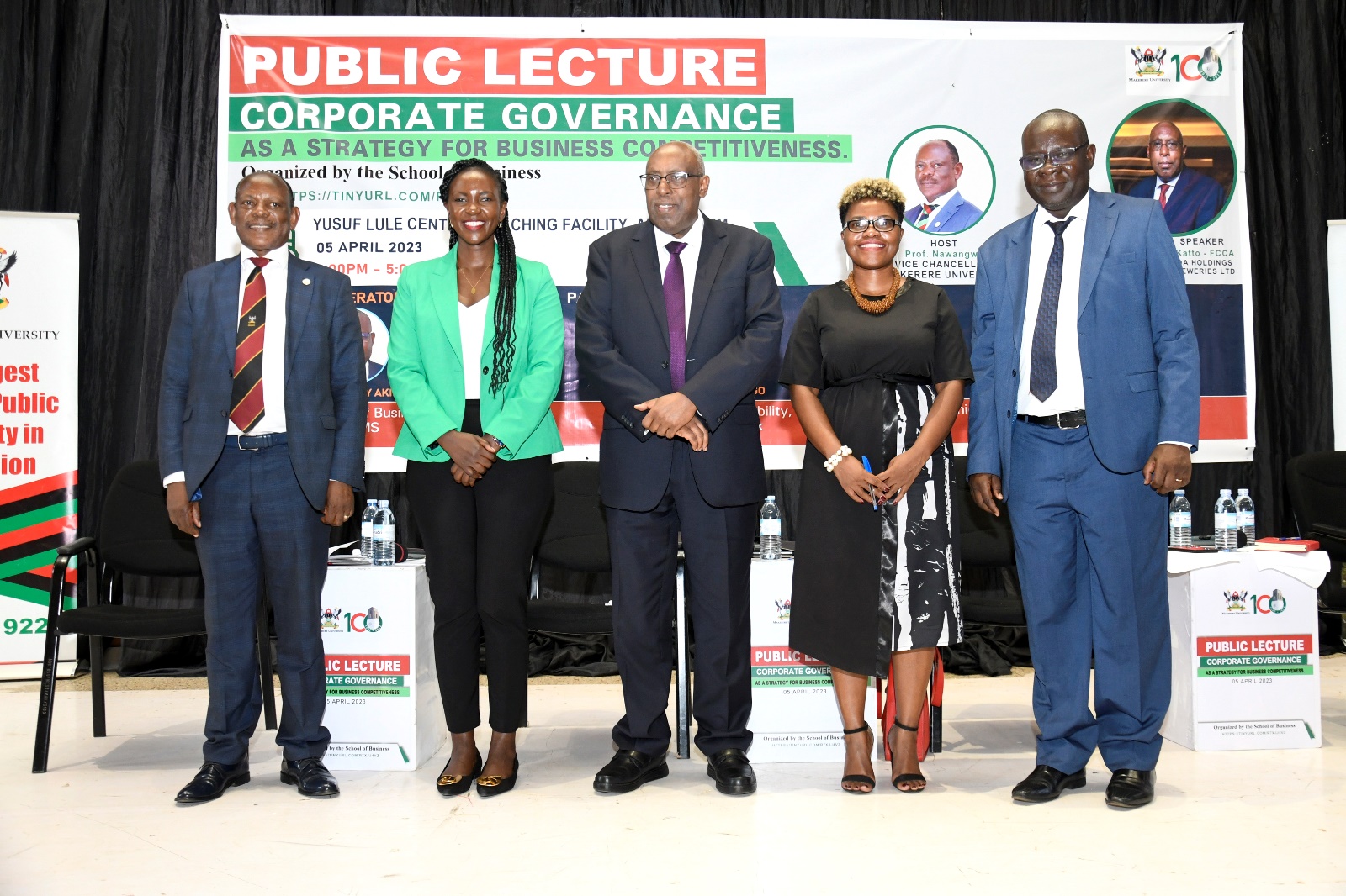 Left to Right: The Vice Chancellor, Prof. Barnabas Nawangwe, Ms. Cathy Adengo, Mr. Japheth Katto, Ambassador Damalie Ssali and Prof. Godfrey Akileng pose for a group photo during the Public Lecture on Corporate Governance held 5th April 2023 in the Yusuf Lule Auditorium, Makerere University.