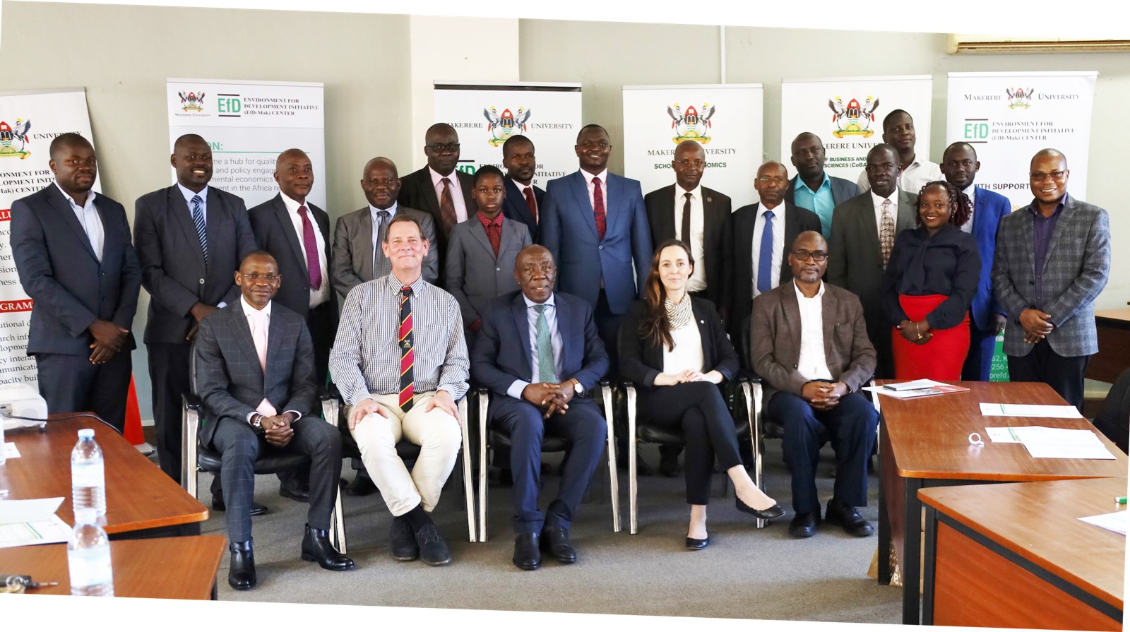 Front Row Left to Right: Prof. Umar Kakumba, Prof. Anders Ekbong, Prof. Henry Alinaitwe, an IGE Program Leader and Dr. Yawe Bruno with University officials and Fellows pose for a group photo after the opening ceremony on 5th April 2023, Senate Building, Makerere University.