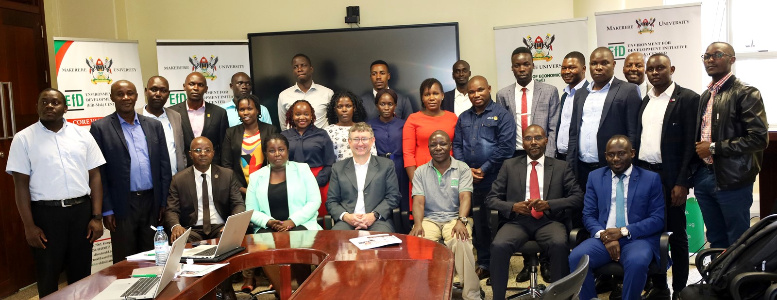 Front Row: Prof. Edward Bbaale (Left) and Dr. David Fuente (3rd Left) with Participants in a group photo after the training on 5th April 2023 in the EfD-Mak Conference Room, Yusuf Lule Central Teaching Facility, Makerere University.