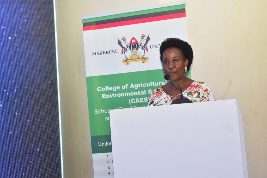 The Principal, CAES, Prof. Gorettie Nabanoga delivering her remarks, SFTNB Conference Hall, CAES, Makerere University, Kampala Uganda.