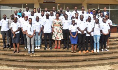 The trainees with the Principal of CAES, Prof. Gorettie Nabanoga, and the Head Department of Agricultural and Bio-systems Engineering, Prof. Isa Kabenge at the ceremony on 19th May 2023, SFTNB Conference Hall, CAES, Makerere University, Kampala Uganda.