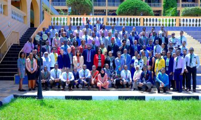 The Vice Chancellor, Prof. Barnabas Nawangwe (Centre Mak tie) with participants at the Health Professions Education Conference held 11th to 12th May 2023 at Hotel Africana, Kampala Uganda.