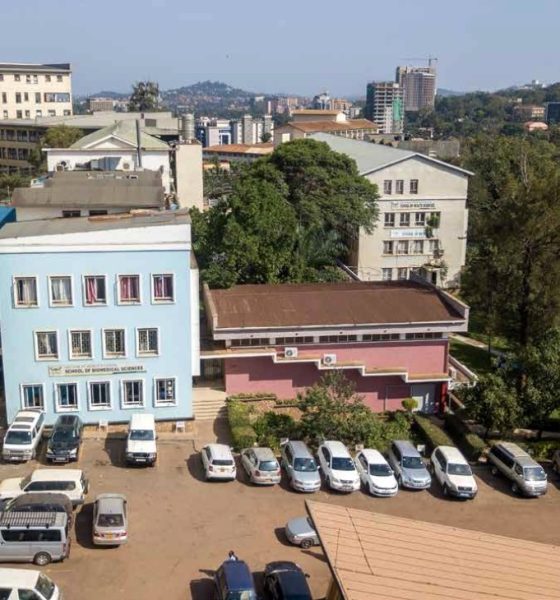 An aerial photo of the College of Health Sciences (CHS), Makerere University showing Left to Right: The Sir Albert Cook Memorial Library, School of Biomedical Sciences, Davies Lecture Theatre, School of Public Health, Mulago Specialised Women and Neonatal Hospital (MSWNH)-Background Left and Nakasero Hill-Background Right, Kampala Uganda.