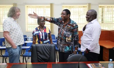 Members of the Gerda Henkel Foundation evaluation team interact with Dr. Edgar Nabutanyi (R) and Dr. Okot Benge (2nd R) after the meeting. CHUSS, Makerere University, Kampala Uganda.