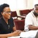 Ms. Susan Mbabazi (Left) and Mr. Eric Tumwesigye (Right) during the Gender Mainstreaming Directorate (GMD)'s consultative meeting with CoCIS Staff on 23rd May 2023 at College Conference Hall, Level 4, Block A, CoCIS, Makerere University, Kampala Uganda.