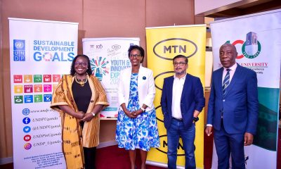 Left to Right: UNDP Resident Representative-Ms. Elsie Attafuah, Chairperson Council-Mrs. Lorna Magara, MTN Uganda CMO-Mr. Somdev Sen and DVCFA-Prof. Henry Alinaitwe at the launch of the Youth and Innovation Expo 2023 on 25th April 2023 in the Frank Kalimuzo Central Teaching Facility, Makerere University, Kampala Uganda.