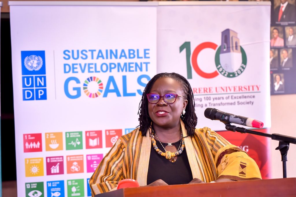 Ms. Elsie Attafuah makes her remarks at the Youth and Innovation Expo 2023 launch, Frank Kalimuzo Central Teaching Facility, Makerere University, Kampala Uganda. 