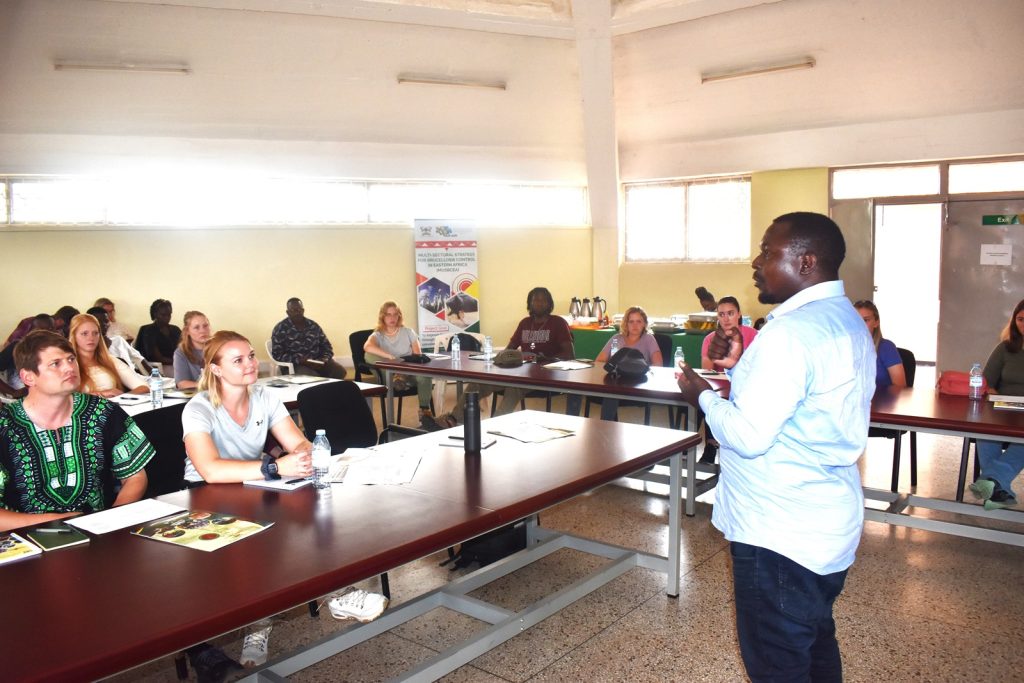 Dr. Celsius Sente, the Summer School Coordinator addresses the students. College of Veterinary Medicine, Animal Resources and Biosecurity (CoVAB)-Mississippi State University (MSU) Summer School 2023, Makerere University, Kampala Uganda, East Africa.