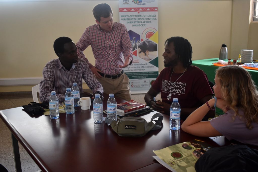 Prof. Stephen Reichley (standing) interacts with the students. College of Veterinary Medicine, Animal Resources and Biosecurity (CoVAB)-Mississippi State University (MSU) Summer School 2023, Makerere University, Kampala Uganda, East Africa.