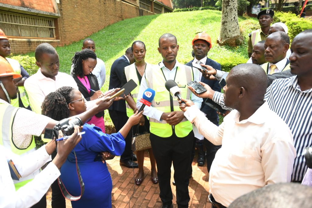 The General Manager-Eng. Brian Buhanda addresses the Media on behalf of the contractor NEC Construction Works and Engineering Limited. Lumumba Hall, Makerere University, Kampala Uganda.