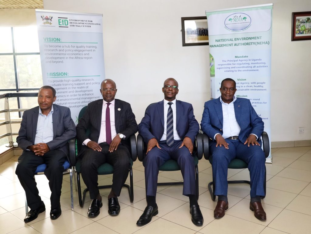 Left to Right: East African EfD Centre Directors; Dr. Onesmo Selejio-Tanzania, Prof. Edward Bbaale-Uganda and Prof. Richard Mulwa-Kenya (Right) pose for a group photo with NEMA Executive Director Dr. Akankwasah Birerega (2nd Right). Makerere University, Kampala Uganda.