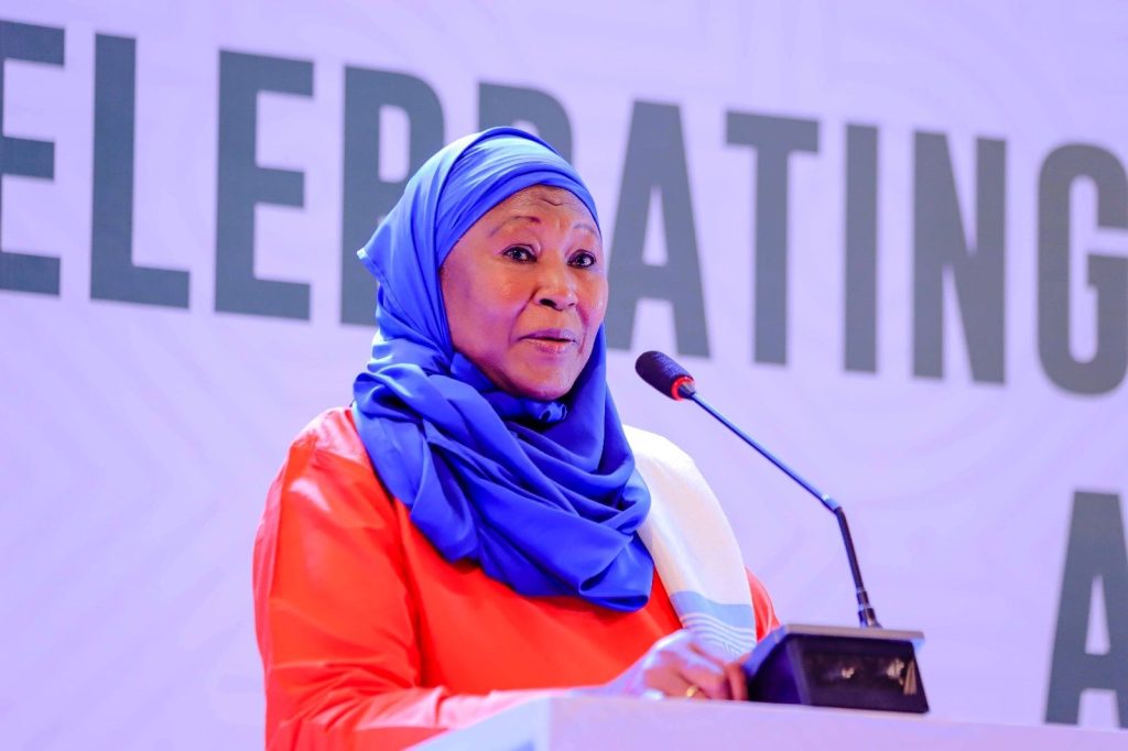 Her Excellency Fatoumata Jallow-Tambajang delivers her keynote address. 8th June 2023, Yusuf Lule Central Teaching Facility Auditorium, Makerere University, Kampala Uganda.