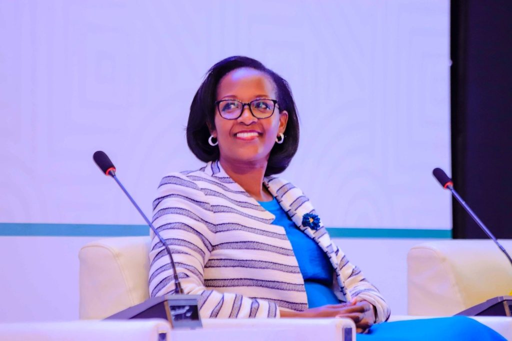 The Chairperson of Council, Mrs. Lorna Magara at the JNLC Presidential Lecture Series. 8th June 2023, Yusuf Lule Central Teaching Facility Auditorium, Makerere University, Kampala Uganda.