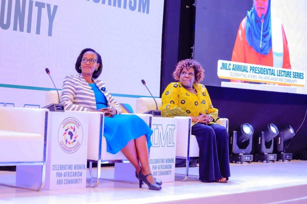 The Chairperson of Council, Mrs. Lorna Magara (Left) and Executive Director, JNLC, Dr. Suzie Nansozi Muwanga (Right) listen keenly to the keynote address. 8th June 2023, Yusuf Lule Central Teaching Facility Auditorium, Makerere University, Kampala Uganda.