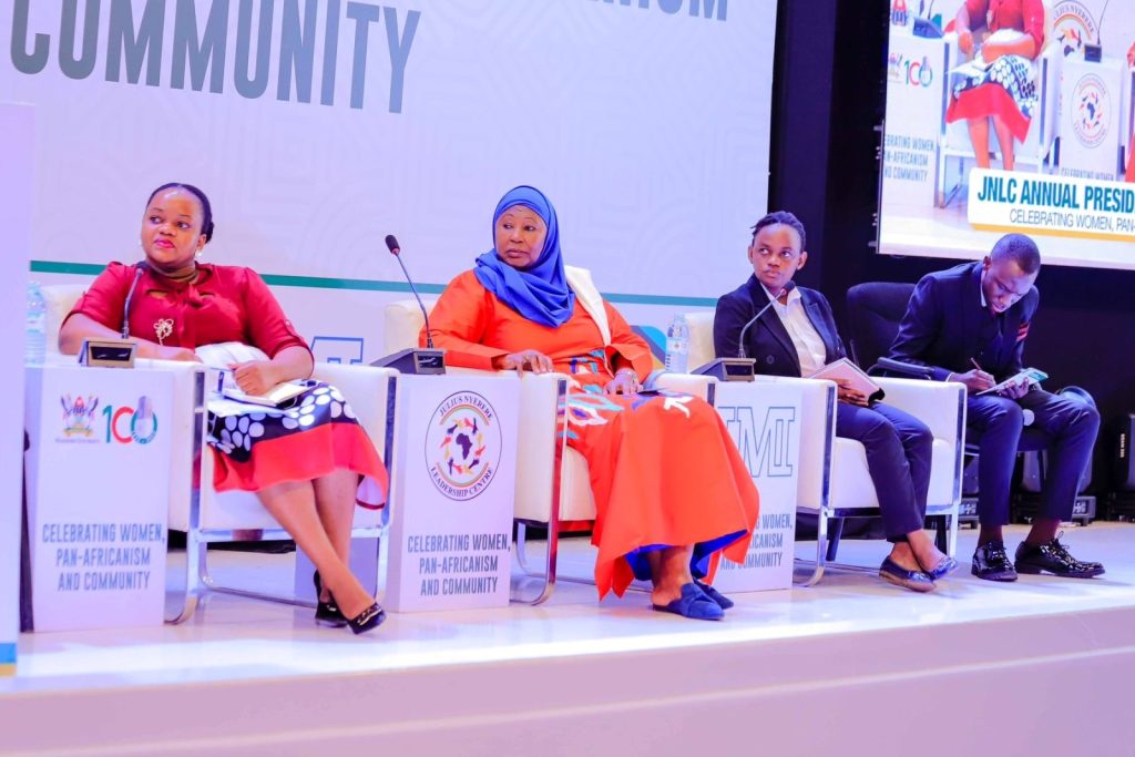 H.E. Fatoumata Jallow-Tambajang (2nd Left) with Panelists (Left to Right): Ms. Akatukunda Maureen, Ms. Kirabo Marion and H.E. Maseruka Robert. 8th June 2023, Yusuf Lule Central Teaching Facility Auditorium, Makerere University, Kampala Uganda.